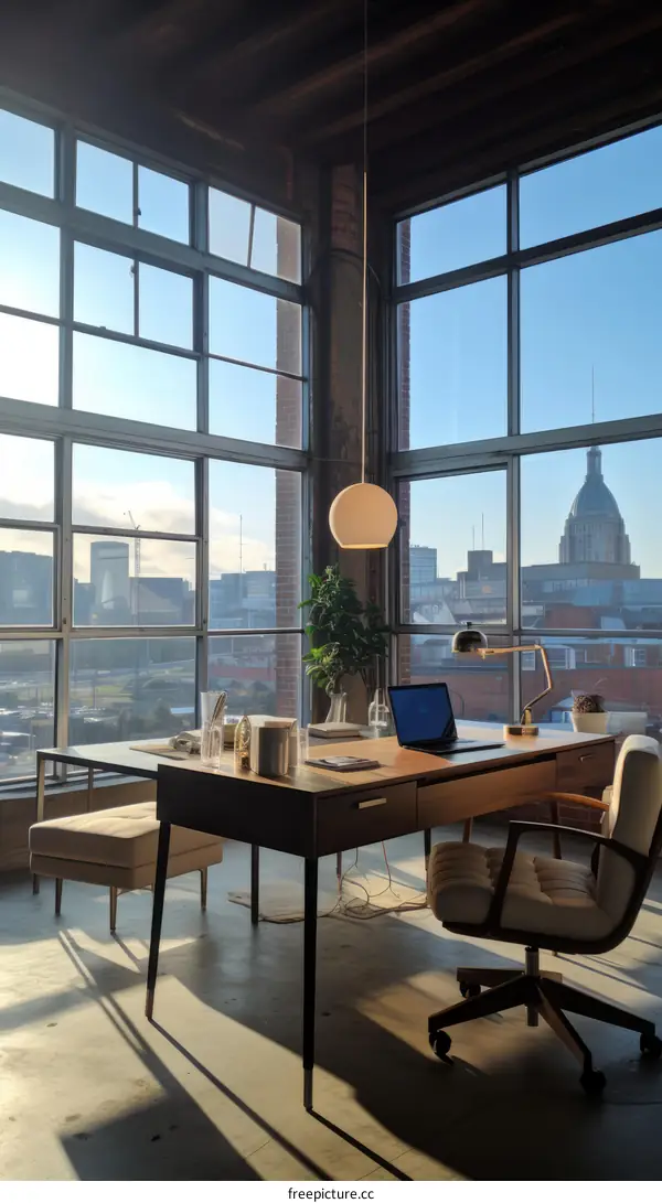 Home office with a view of the city