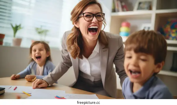 Three people laughing together
