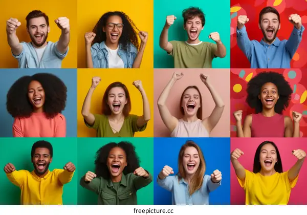 Group of diverse young people cheering and celebrating success