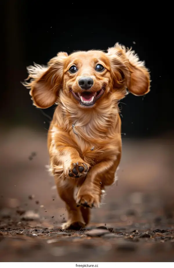 Happy brown long-haired miniature dachshund running in the forest