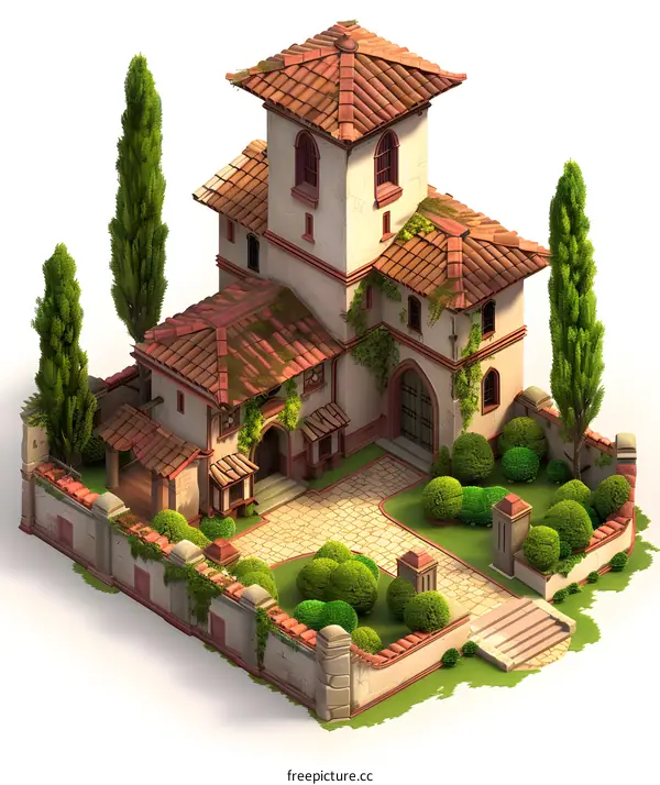 Medieval Style House Illustration with Garden and Tower