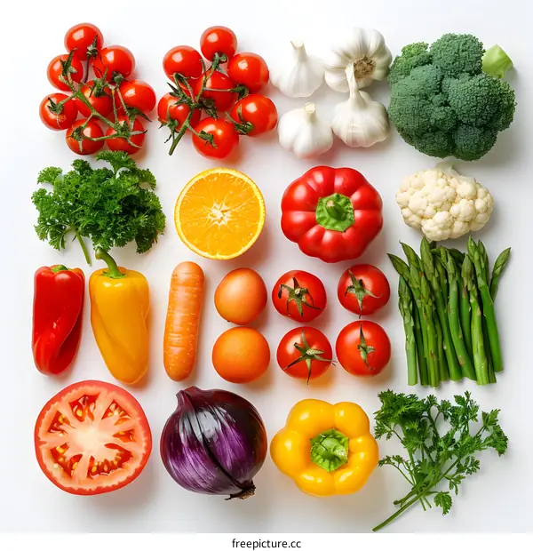 Top view of fresh organic vegetables and fruits