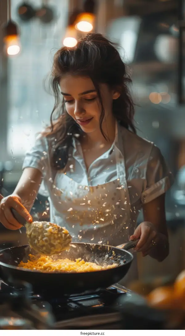 Focused young woman cooking scrambled eggs in a frying pan