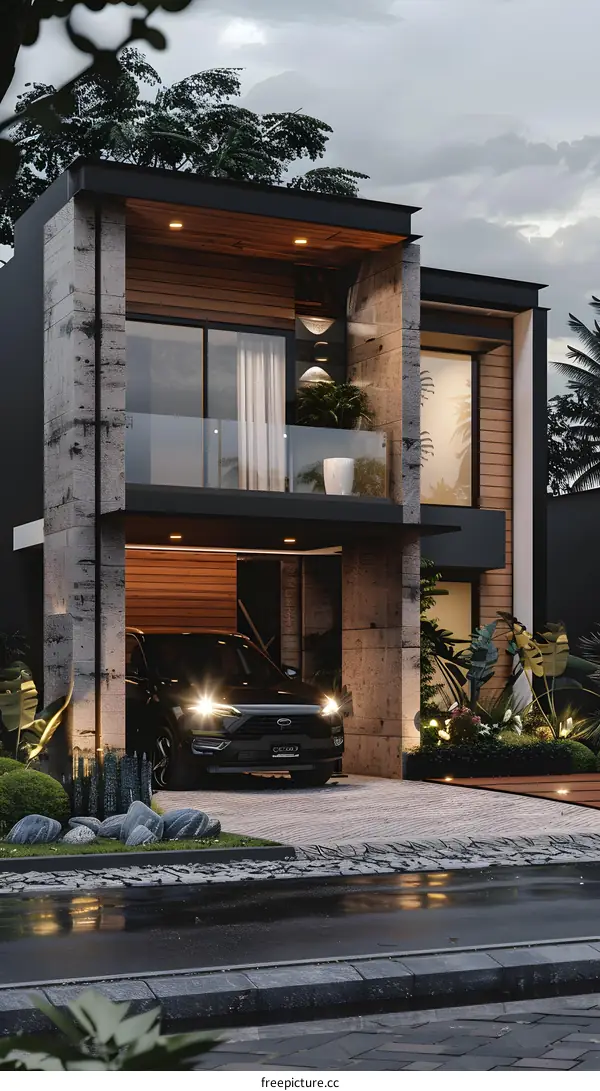 Modern House Design with Wooden Accents and Car in Garage