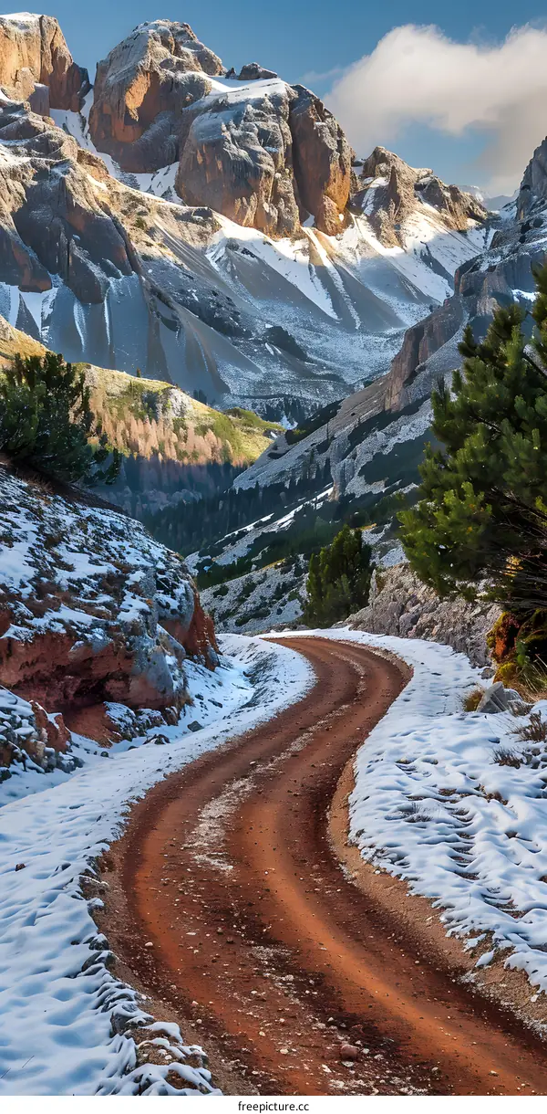 Snowy Mountain Road Winding Through Rocky Landscape