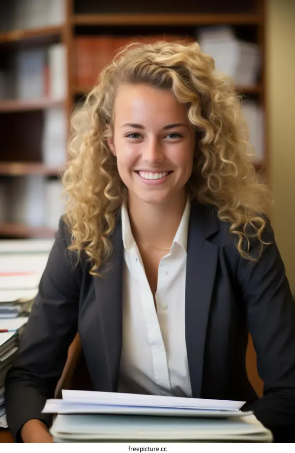 Young woman with curly blonde hair wearing a suit smiling in a library