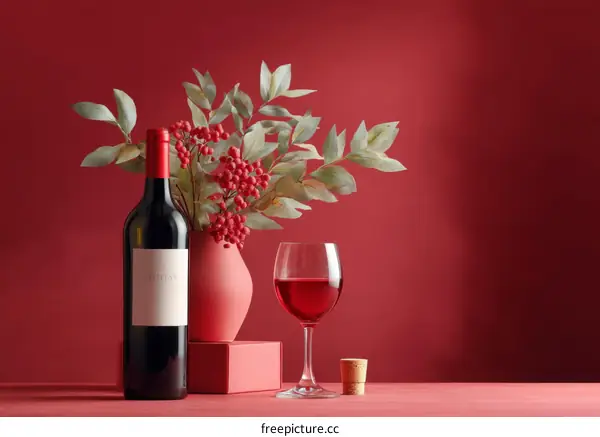Elegant Wine Still Life with Red Wine Bottle and Vase