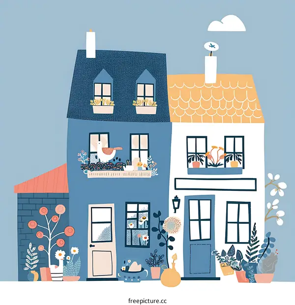 Cute Cartoon Illustration of Two Houses with Flowers and a Bird