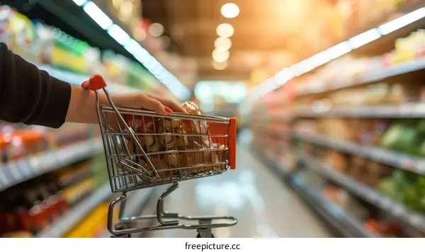 A woman pushing a shopping cart down the aisle of a grocery store