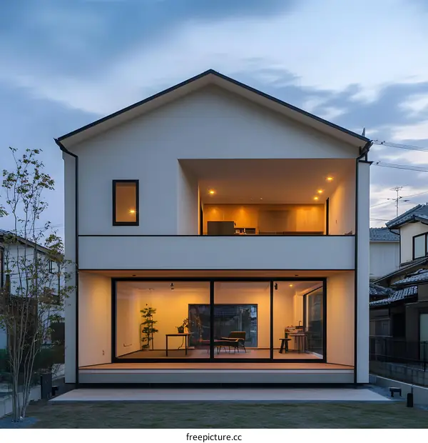 Modern Two Story House with Large Glass Windows and Balcony
