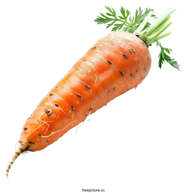 [Transparent Background PNG]A fresh orange carrot with green leaves on a white background
