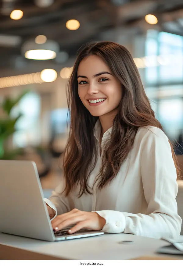 Smiling Woman Using Laptop in Office
