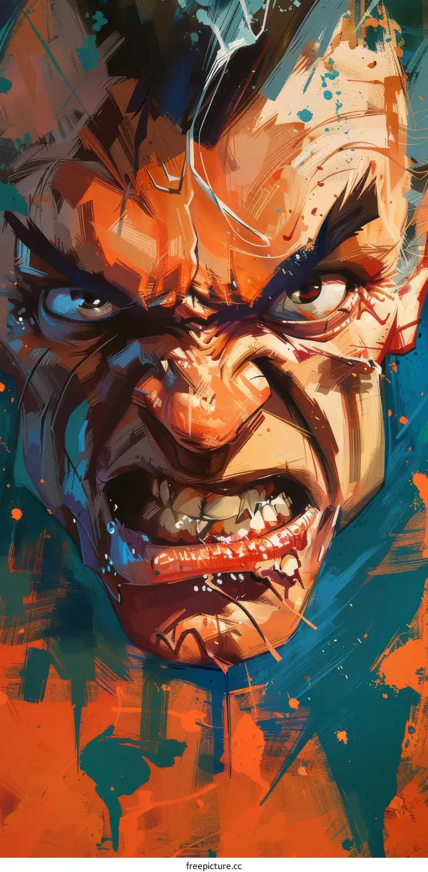 A digital painting of a mans face with a red and blue background.