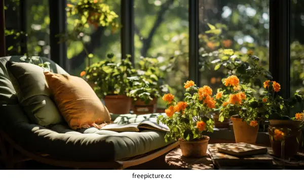 Green Comfortable Armchair in Sunroom with Potted Plants
