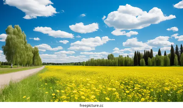 Countryside landscape with yellow flower field and blue sky