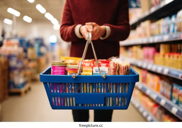 Shopping Basket Filled with Groceries in Supermarket