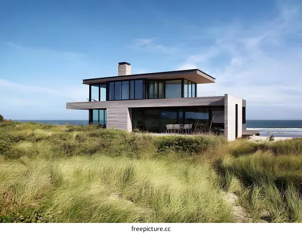 Modern Beach House with Large Windows and Ocean Views