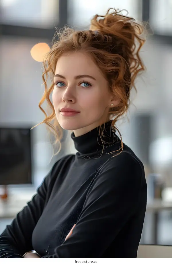 Portrait of a beautiful redheaded woman in a black turtleneck blouse