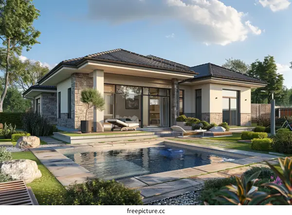 Modern House Exterior with Swimming Pool and Landscaping