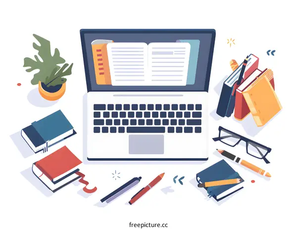 Flat Illustration of Laptop with Open Book on Screen and Office Supplies