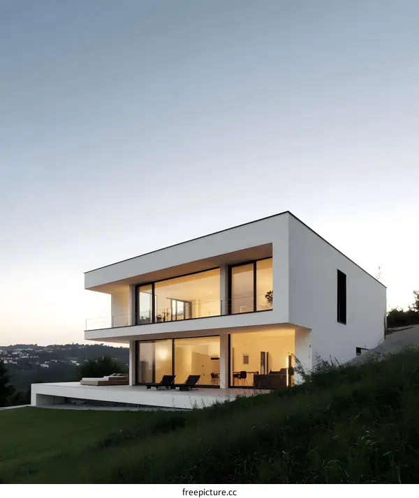 Modern White House with Large Windows and Hillside View