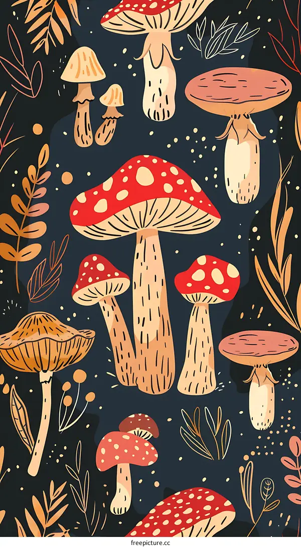 Hand Drawn Illustration Of Mushrooms With Red And White Dots