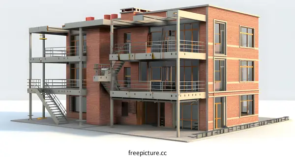 3D Model of a Brick Building with Multiple Balconies