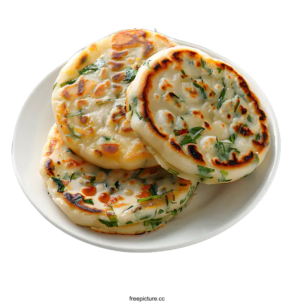 [Transparent Background PNG]Three葱油饼on a white plate