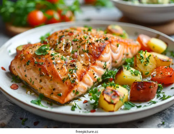 Roasted Salmon with Potatoes and Tomatoes