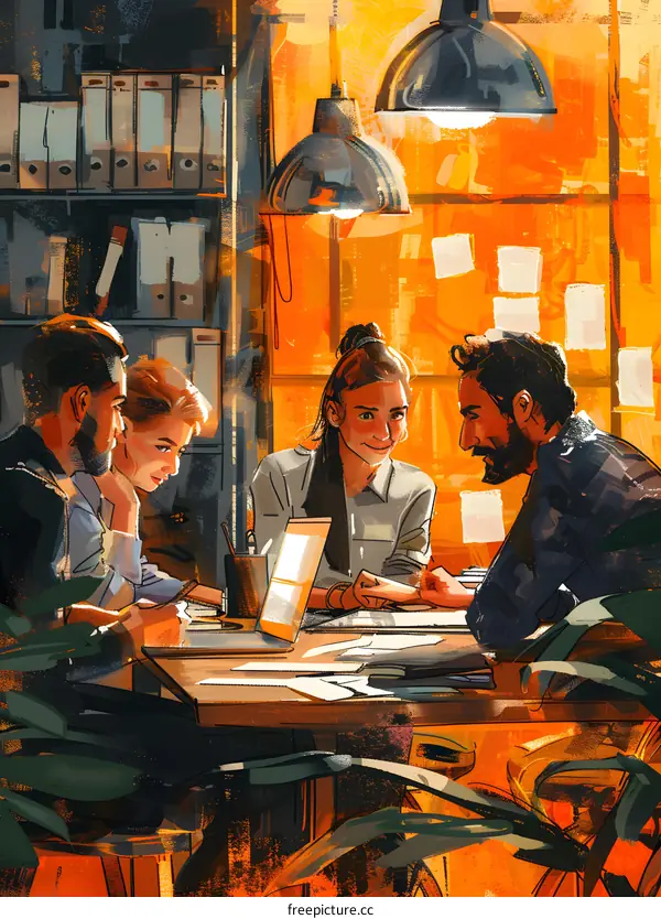 A group of people are sitting around a table having a meeting.