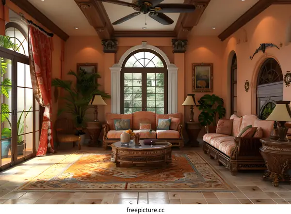 An elegant living room with a seating area and a coffee table