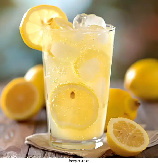 Refreshing Glass of Lemonade with Ice and Lemon Slices
