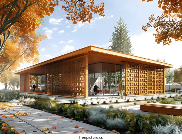 Modern Wooden Building With Latticework and People Walking Around