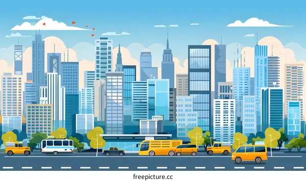 Flat City Skyline Illustration With Yellow Cars And Buses