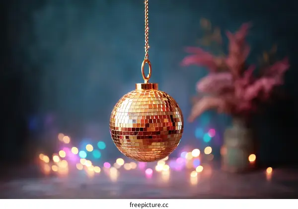 Golden Disco Ball Hanging in a Dark Room