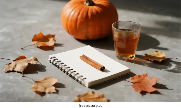 Autumn Still Life with Pumpkin, Cinnamon Stick and Notebook