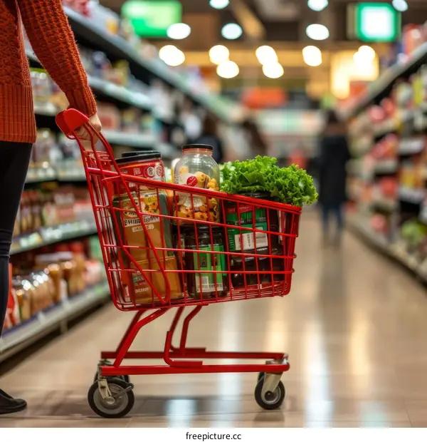 A woman pushing a shopping cart full of groceries in a supermarket.