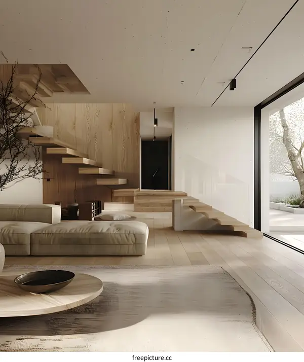 Minimalist Modern House Interior Design With Wooden Staircase