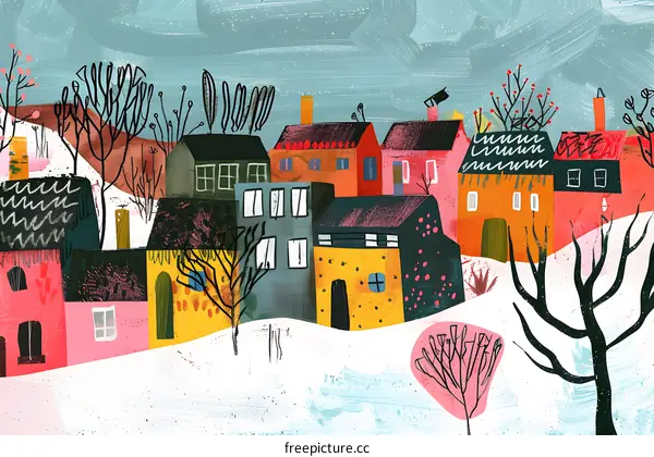 Winter Village Illustration with Houses and Trees