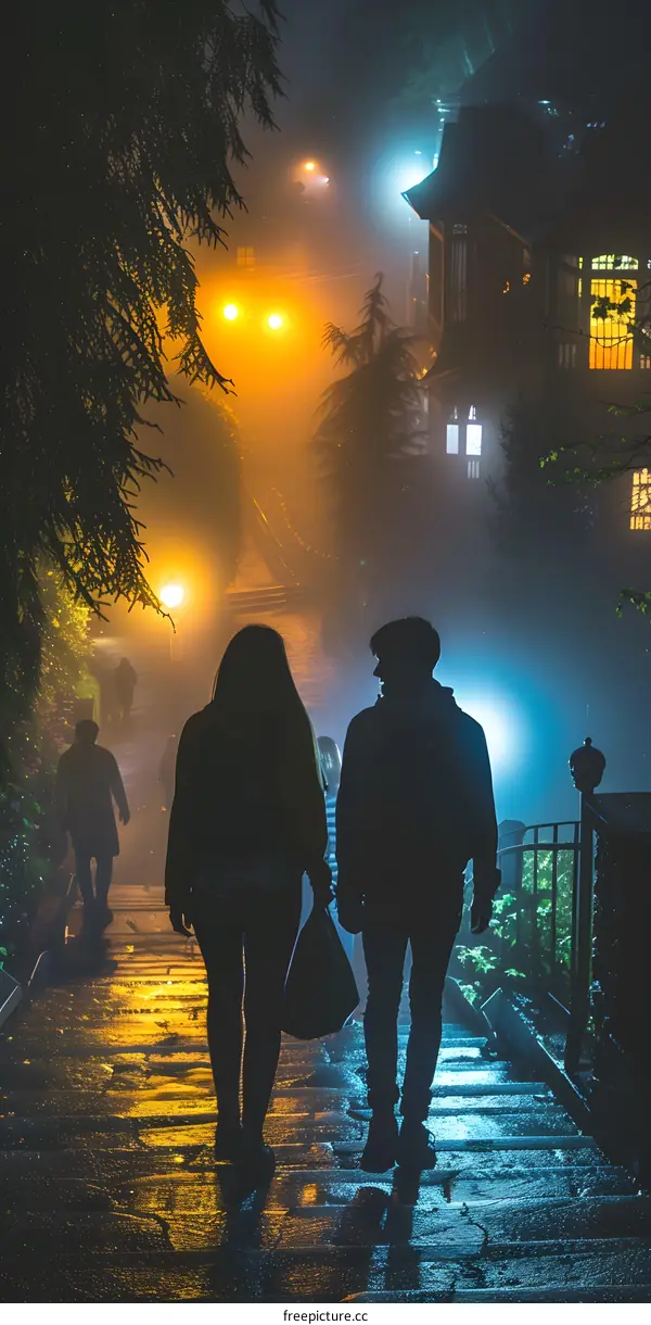 Silhouettes of Two People Walking Up a Foggy Stairway at Night