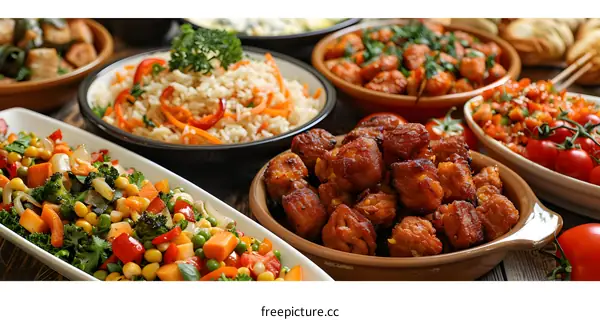 A delicious and healthy meal with rice, vegetables and chicken