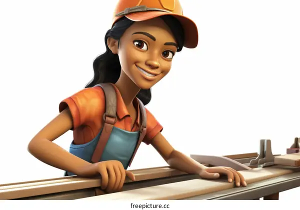 Illustration of a smiling female worker in workwear holding wooden plank