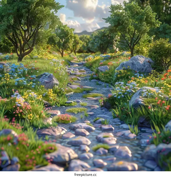 River running through a lush green field