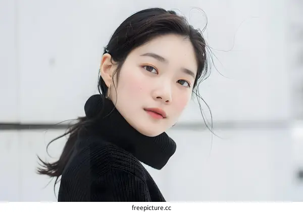 Young Asian Woman Wearing Black Turtleneck