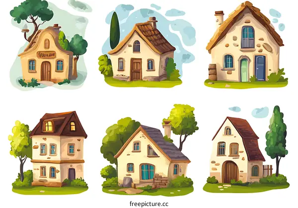 Set of Cartoon Style Houses Illustrations