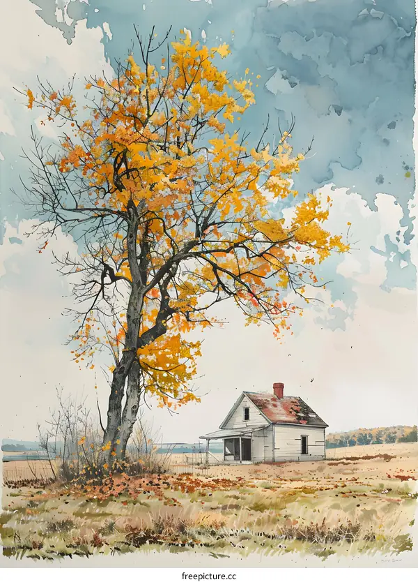 Autumn Watercolor Painting of a House and Tree