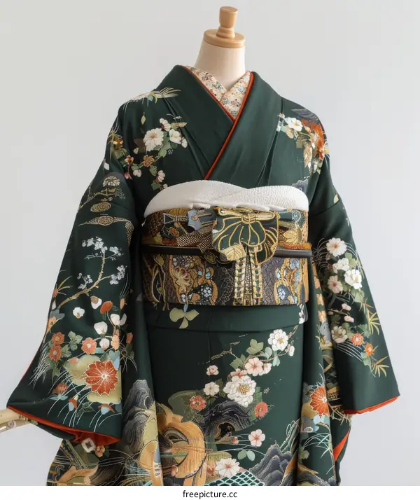 A kimono with a floral pattern and a golden obi.