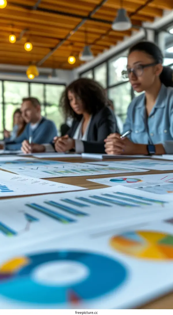 Multiethnic business team analyzing financial reports and graphs during a meeting in the office