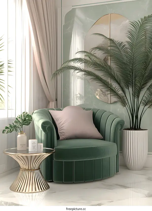 Green Velvet Armchair in Modern Living Room Interior Design