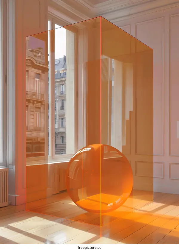 Large orange sphere sits in corner of room with large windows